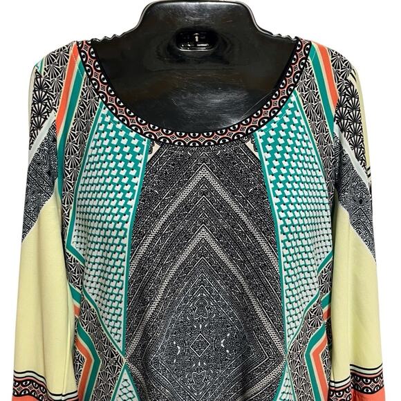 Calvin Klein Dress Large Stretch Knit Geometric Shift Black Green Orange Mod 60s - Picture 2 of 7